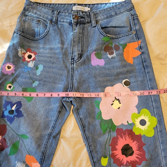 Misslook Hippie Floral Straight Leg Jeans Mid Rise Light Wash Size L - Picture 8 of 16